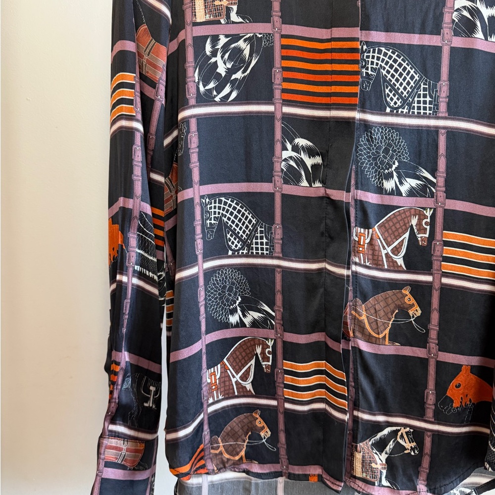 100% Silk Equestrian Horse Print Blouse Size L - Picture 7 of 9